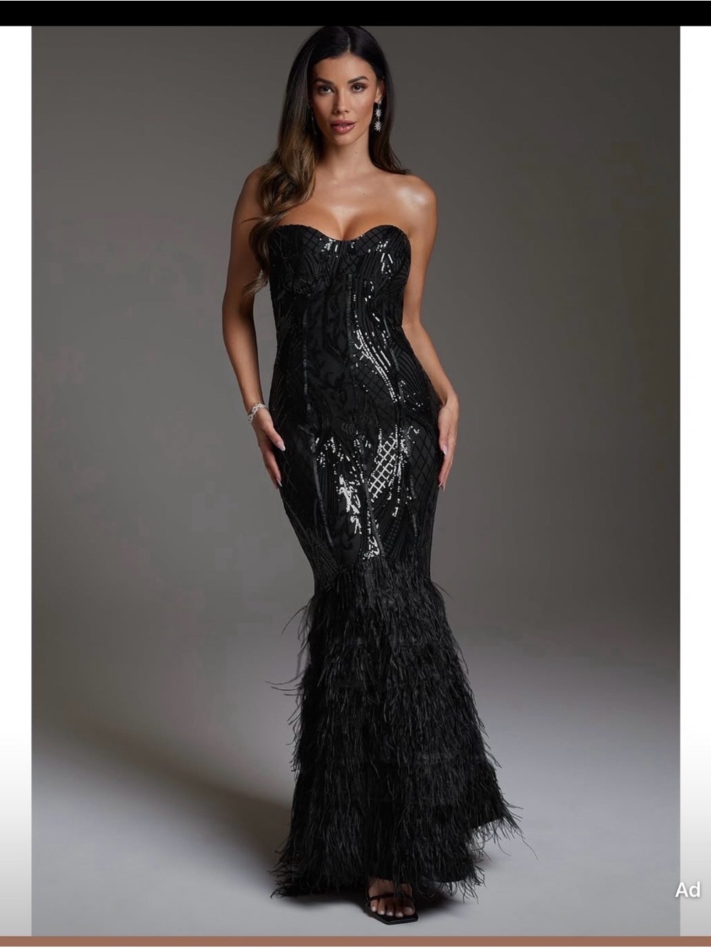 bebe Black Strapless Sequin & Feather Evening Gown, show stopping , worn once